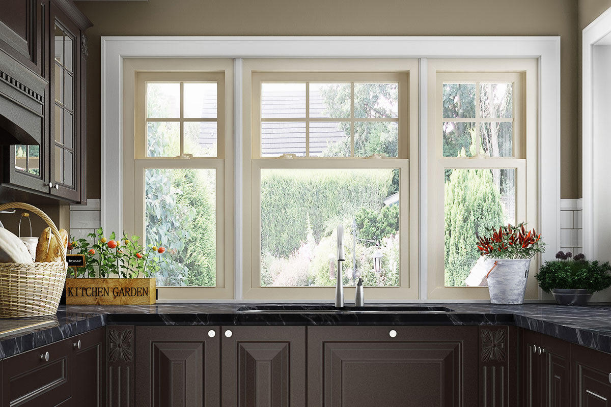 Almond Oriel Style Double Hung Windows