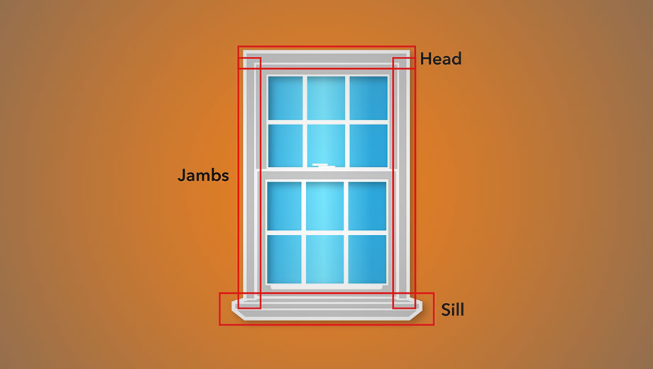 A window with the jamb head and sill labeled