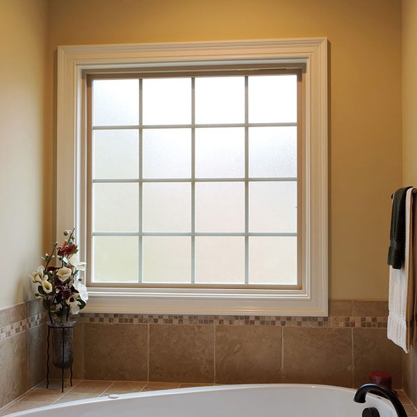 White New Construction Picture Window with Obscure Glass and Colonial Grids